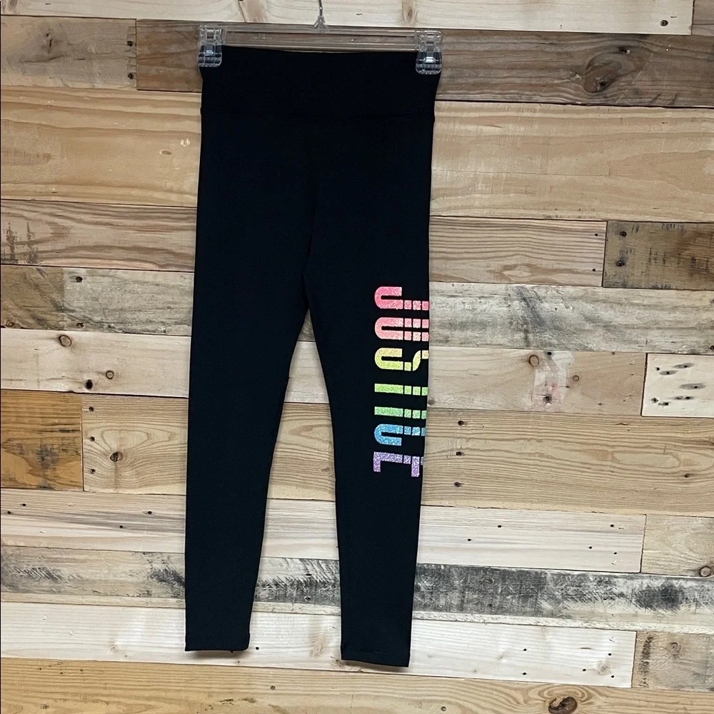 Justice size 12 Black Buttery Soft Leggings with Sparkly Rainbow Logo Print